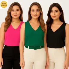 Kit com 3 Blusa Regata Duna Alça Larga Elegante Soltinha Moda Verão Feminina