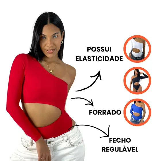 Bory Body Feminino Manga Longa Mula Manca Recorte Vazado com Fecho Tecido Duplo Suplex Premium