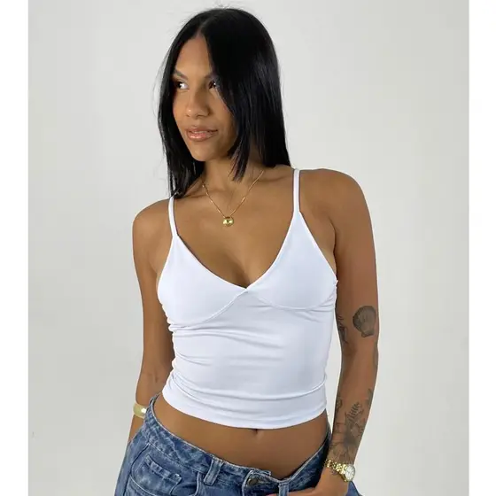 Blusa Feminina Básica Decote V Lisa Justinha Slim Streetwear Suplex Premium
