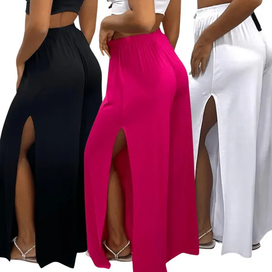 KIT 3 Calça Pantalona Feminina Cintura Alta com Fenda Lateral em Viscolycra Premium