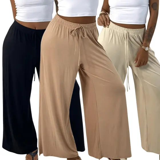 KIT 3: Calça Pantalona Feminina Cintura Alta Elegante Soltinha em Malha Viscolycra