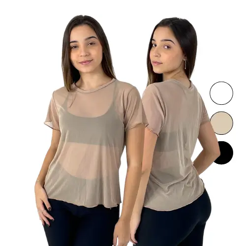Blusa Feminina Tule Camiseta Transparente Soltinha Academia Moda Fitness Manga Curta Tule Premium