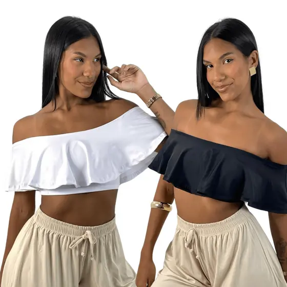 KIT 2: Cropped Feminino Ciganinha Ombro a Ombro Babado com Top por Baixo Suplex Premium