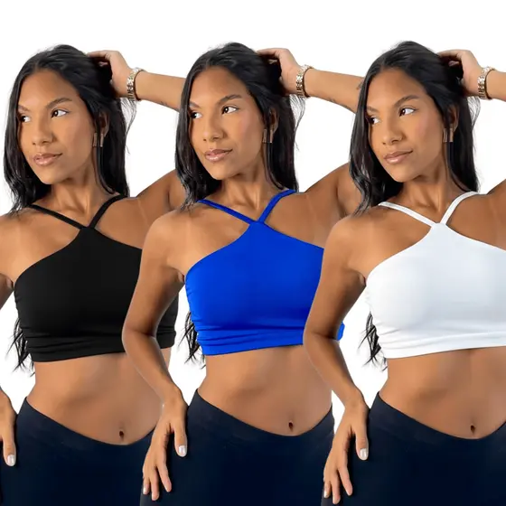 KIT 3: Top Feminino Cropped Frente Única Cruzado Feminino Fitness Academia Suplex Premium