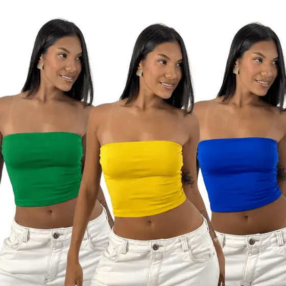 KIT 3 Cropped Feminino Top Tube Brasil em Suplex Premium Copa do Mundo