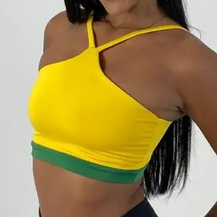 Top Frente Única Fitness Feminino Brasil Bicolor com Sustentação Tecido Duplo Elasticidade