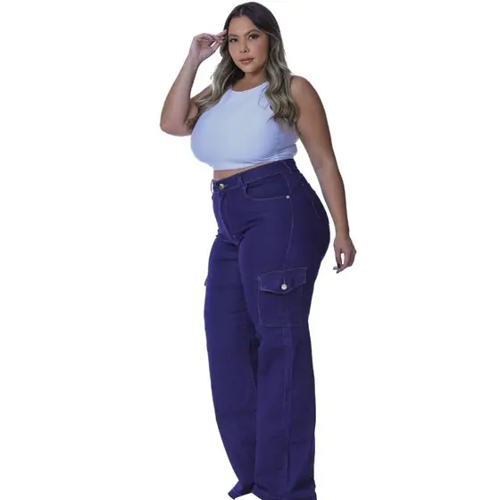 Calça Jeans Azul Cargo Wide Leg Pantalona Com Bolso Cargo– Moda Grande com Lycra