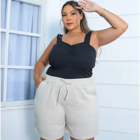Bermuda De Linho Plus Size Cintura Alta Com Cordão