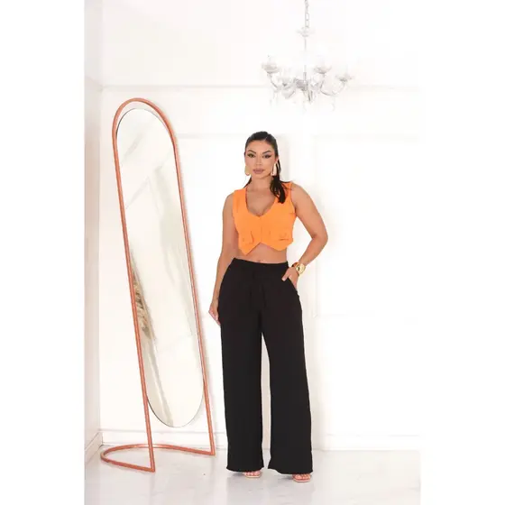 Calça Pantalona Wide Leg Cintura Alta Com Elastano