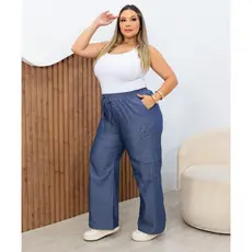 Calca Pantalona Wide Leg Cargo Plus Size com Elastico na Cintura