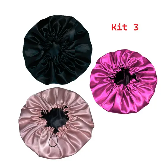 Kit 3 Touca de Cetim Dupla Anti Frizz Com Elástico Regulador Rosa e Pink e Black