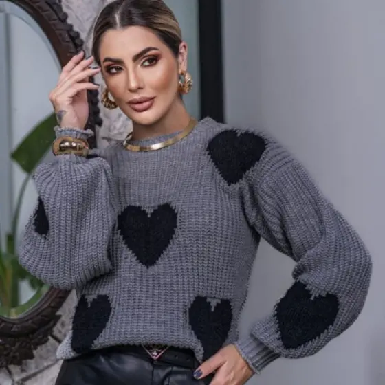 Blusa Feminina Tricô Coração Peluciado Fang Manga Longa Bufante Oversized Inverno Quente Tricot S&ATricot Blusa Feminina