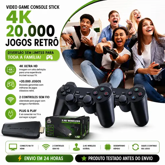 Video game Console Stick 4K Com 20000 Jogos 2 Controles Sem Fio Console Portatil Jogos Retro Video Game Super Mario
