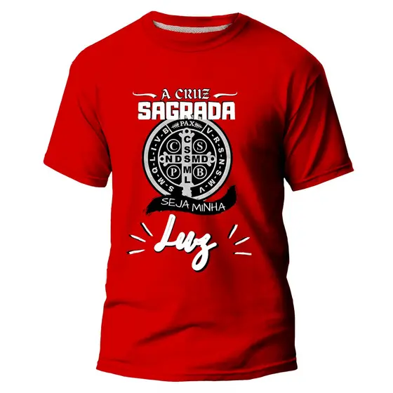 camiseta 100%em algodão católica cruz e medalha de São Bento