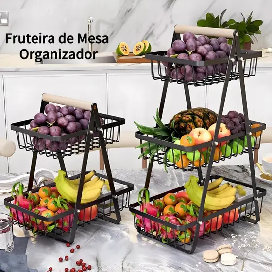 Fruteira De Mesa Organizador De Frutas Cesto Metal Aramado Multiuso Frutas Legumes 2/3 Andares