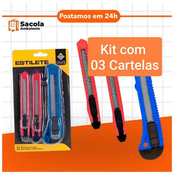 03 Cartelas de estiletes contendo 03 estiletes em cada cartela total 09 estiletes promoção.