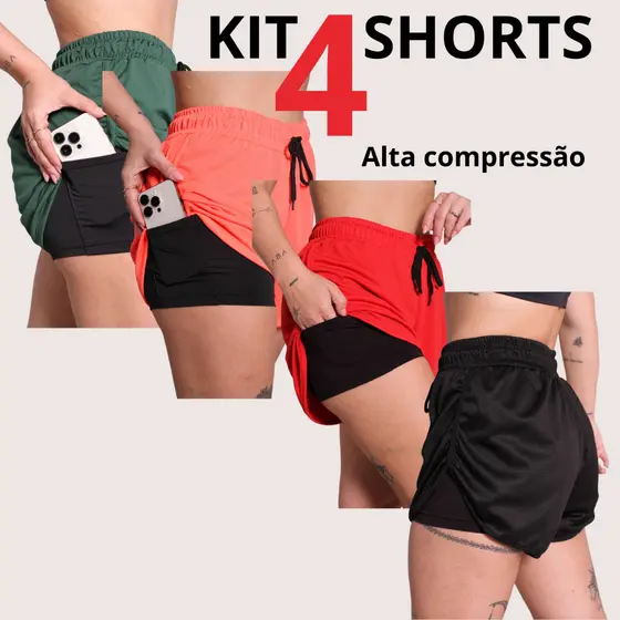 Kit 4 Shorts Fitness Feminino 2 em 1 para Academia Treino e Corrida