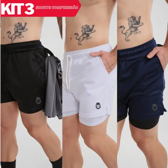 Kit 3 Shorts Masculinos Kong 2 em 1 de Alta Compressão