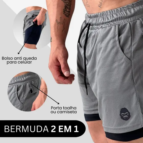 Shorts 2 em 1 Masculino Premium Kong para Academia Treino e Corrida