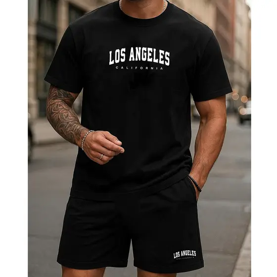 Kit Conjunto Masculino Estampado Camiseta e Bermuda Moletom Los Angeles Street