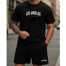 Kit Conjunto Masculino Estampado Camiseta e Bermuda Moletom Los Angeles Street
