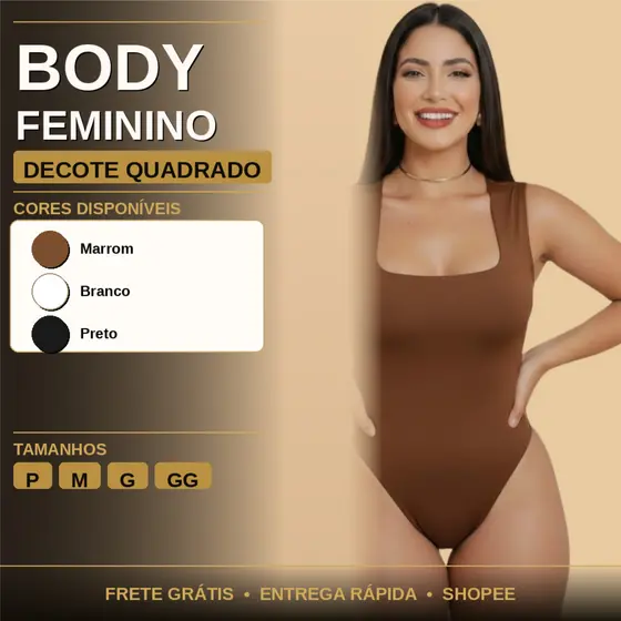 Body Feminino Decote Quadrado Alças Grossas Collant Casual Elegante Tecido Suplex Com Forro