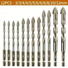 Brocas Para Alvenaria-Serrilhadas 12 peças 3 -12mm Com Ponta Forte Pedra , Vidro , Mármore , Azulejo