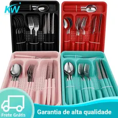 Jogo De Talheres Inox Com 24 Peças + Suporte Gaveteiro