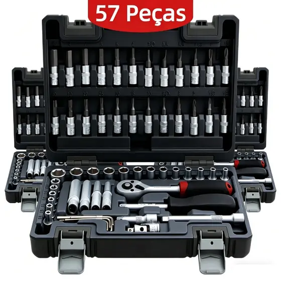 57 Peças Jogo De Chave Catraca 1/4 Pol Completa Com Soquetes Reversível Maleta Profissional