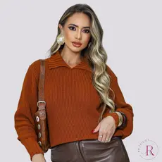 Blusa Feminina Tricô Manga Longa Gola Polo Inverno Casual Elegante Moda Inverno