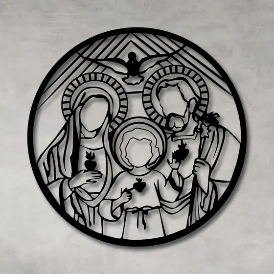 Quadro Decorativo Vazado Decoração Vitral Sagrada Família Religioso MDF Preto
