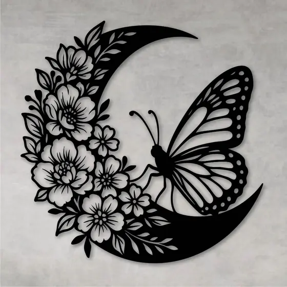 Quadro Decorativo Vazado Decoração Borboleta Florida Lua MDF Preto