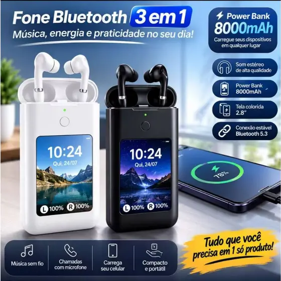 Fone de ouvido 3in1 Power BanK Com Tela 2.8 Polegadas Bluetooth Com Muitas Funções 8000mah FON-8102