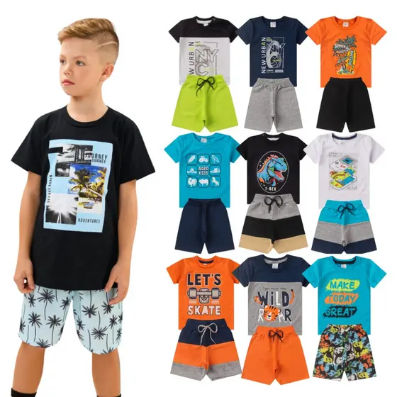 Kit Sortido 10 Peças de Roupas Infantil Menino 5 Conjuntos 1 ao 14 Verão Casual