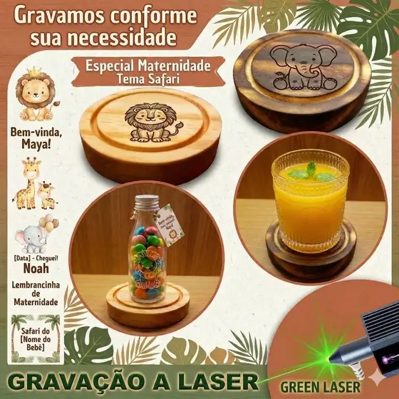 Kit Porta Copo Bolacha Madeira Tema Safari Gravado Laser Lembrancinha Maternidade Festa