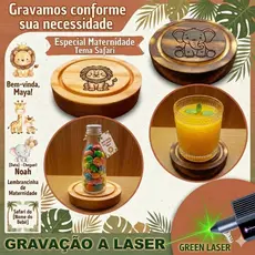 Kit Porta Copo Bolacha Madeira Tema Safari Gravado Laser Lembrancinha Maternidade Festa