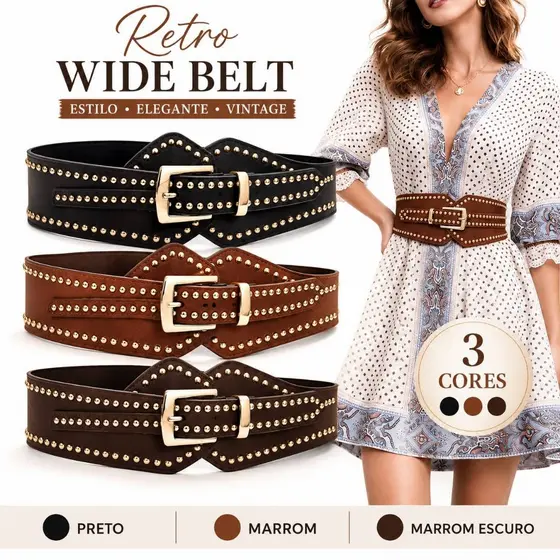 Cinto largo feminino com tachas douradas, ajustável, ideal para vestidos e casacos