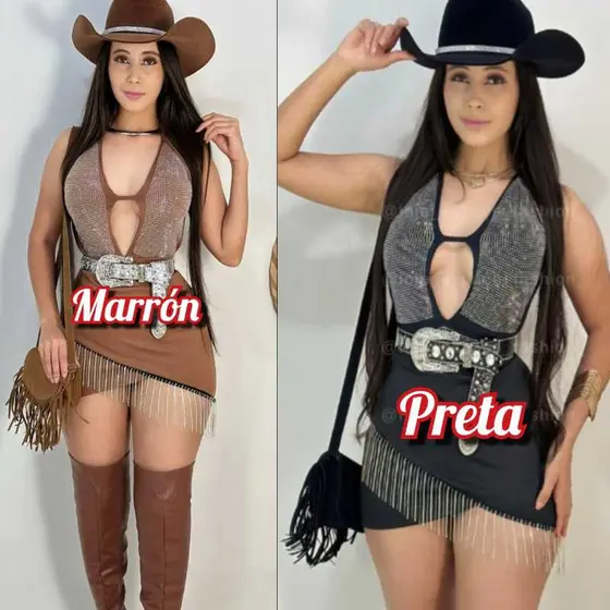 Conjunto Feminino Bory Frente Única Com Pedraria E Saia Com Franja Para Moda Balada