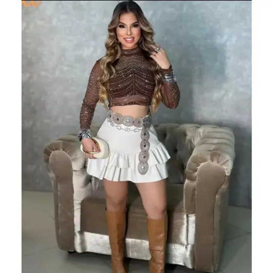 TOP TULE COM PEDRARIA TOP BRILHO MODA BALADA MODA RODEIO MODA CONTRY MODA BALADA,TOP MANGA LONGA GOLA ALRA STRAS,CROPPED