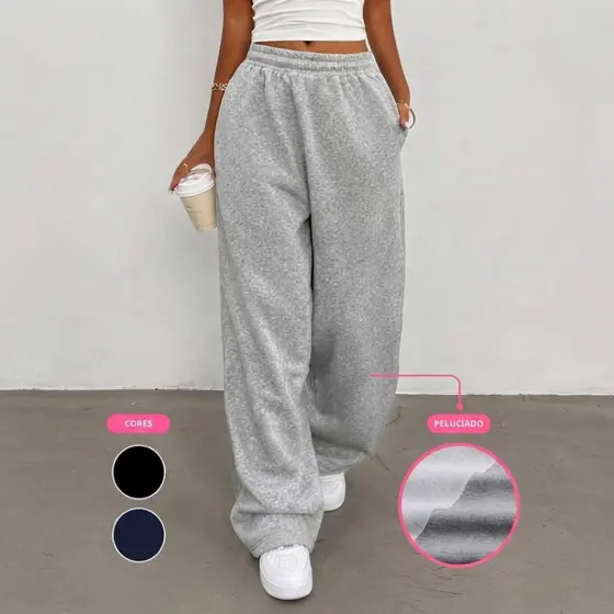 Calça Moletom Baggy Unissex Larga Grossa Peluciada Streetwear Wide Leg Versátil Confortável
