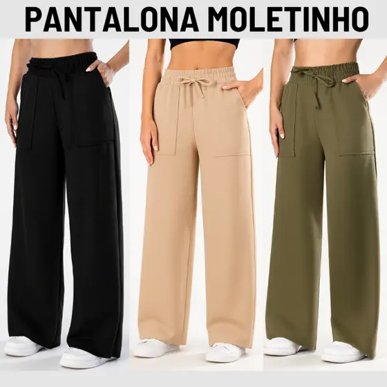 Calça Pantalona Moletinho Feminina Com Bolso Elegante Casual