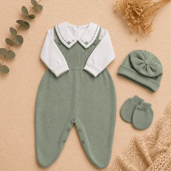 Saída Maternidade Menino Tricot Bebê Jardineira Body Touca Luva Conjunto Recém Nascido RN Presente