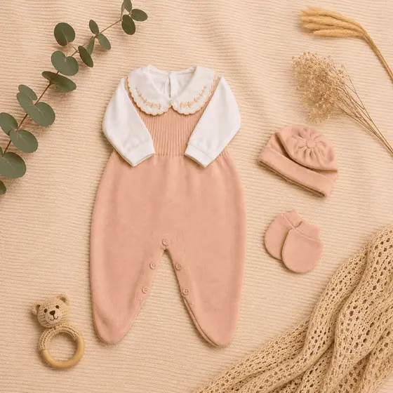 Saída Maternidade Menina Tricot Bebê Jardineira Body Touca Luva Conjunto Recém Nascido RN Presente