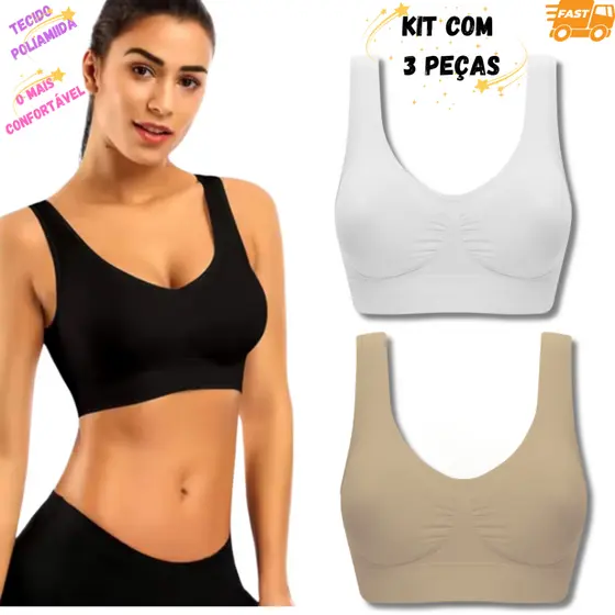 Kit 3 Tops COM BOJO, SEM COSTURAS, Alça Larga, Tecido Poliamida Confort