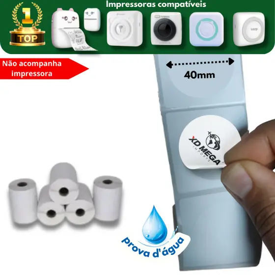 5 Rolo Etiqueta Redonda 40x40 p/ impressora gatinho prova dagua