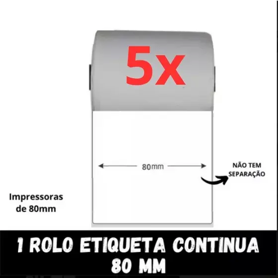 5 Rolo De Etiquetas Contínua Adesivas P/ Impressoras De 80mm