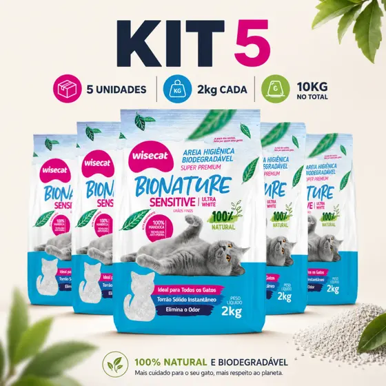 Kit 5 Areia Sanitária De Mandioca 2kg Grãos Finos Para Gatos Biodegradável Wisecat - 10kg