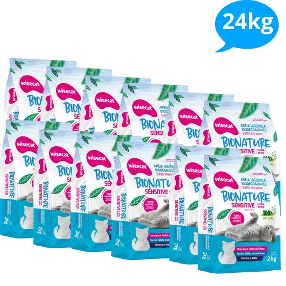 Kit 12 Areia Sanitária De Mandioca 2kg Grãos Finos Para Gatos Biodegradável Wisecat até .2.4.k.g.