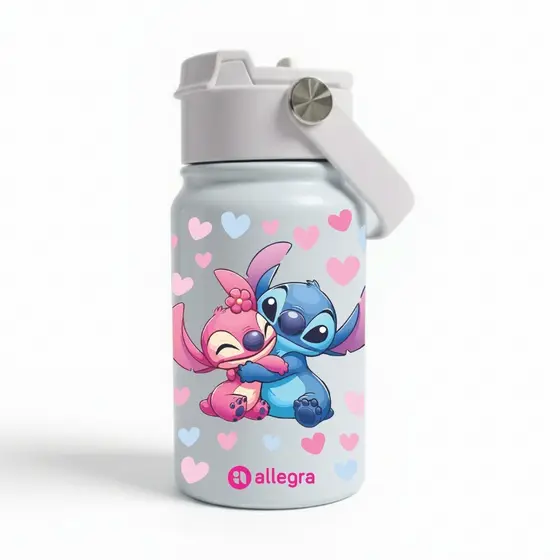 Garrafa Térmica 350ml Inox Personalizada Stitch e Angel Abraçados Amor Infantil Fofa