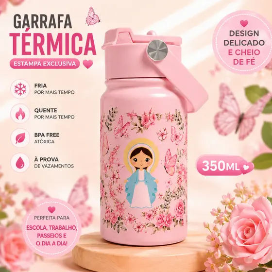 Garrafa Térmica 350ml Personalizada Flores Infantil Delicada Presente Escola